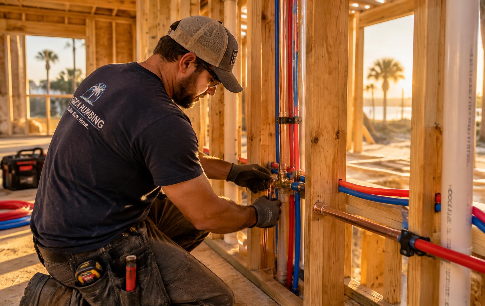 Plumber installing pipes in a new Central Florida home